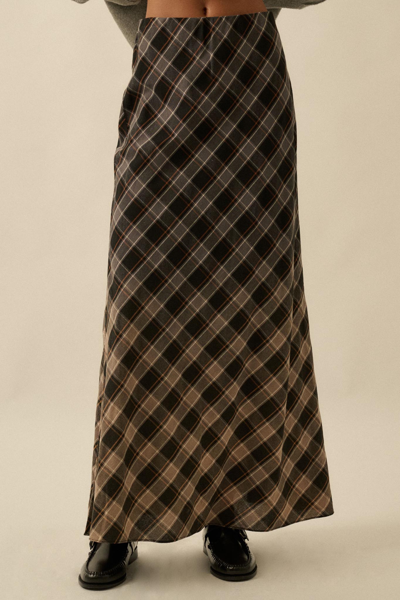 Modern Tartan Bias-Cut Plaid Maxi Skirt