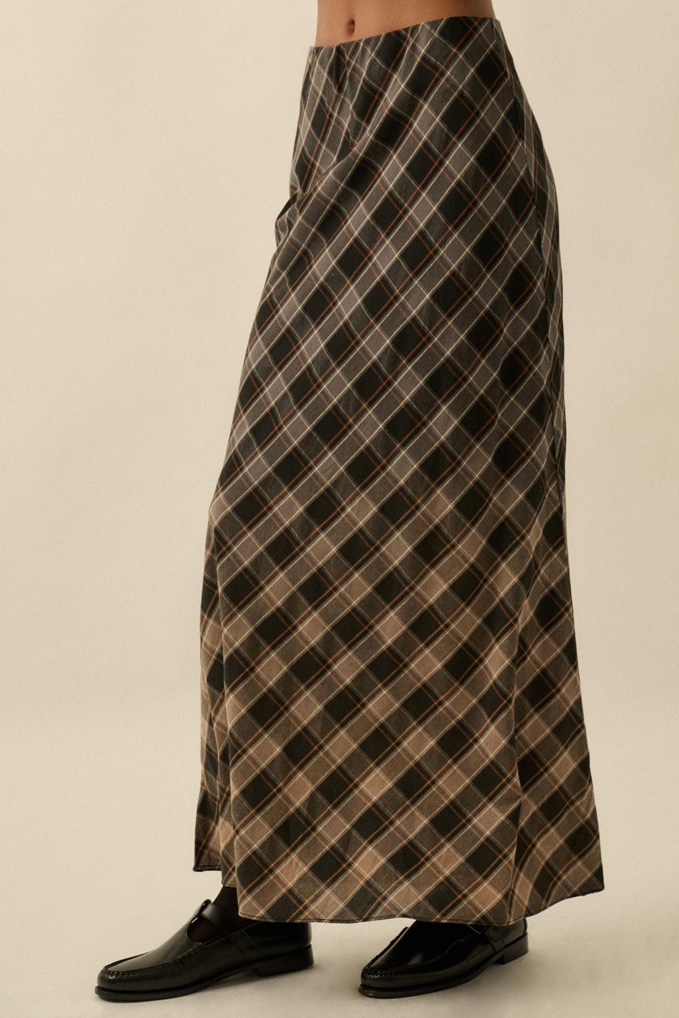 Modern Tartan Bias-Cut Plaid Maxi Skirt