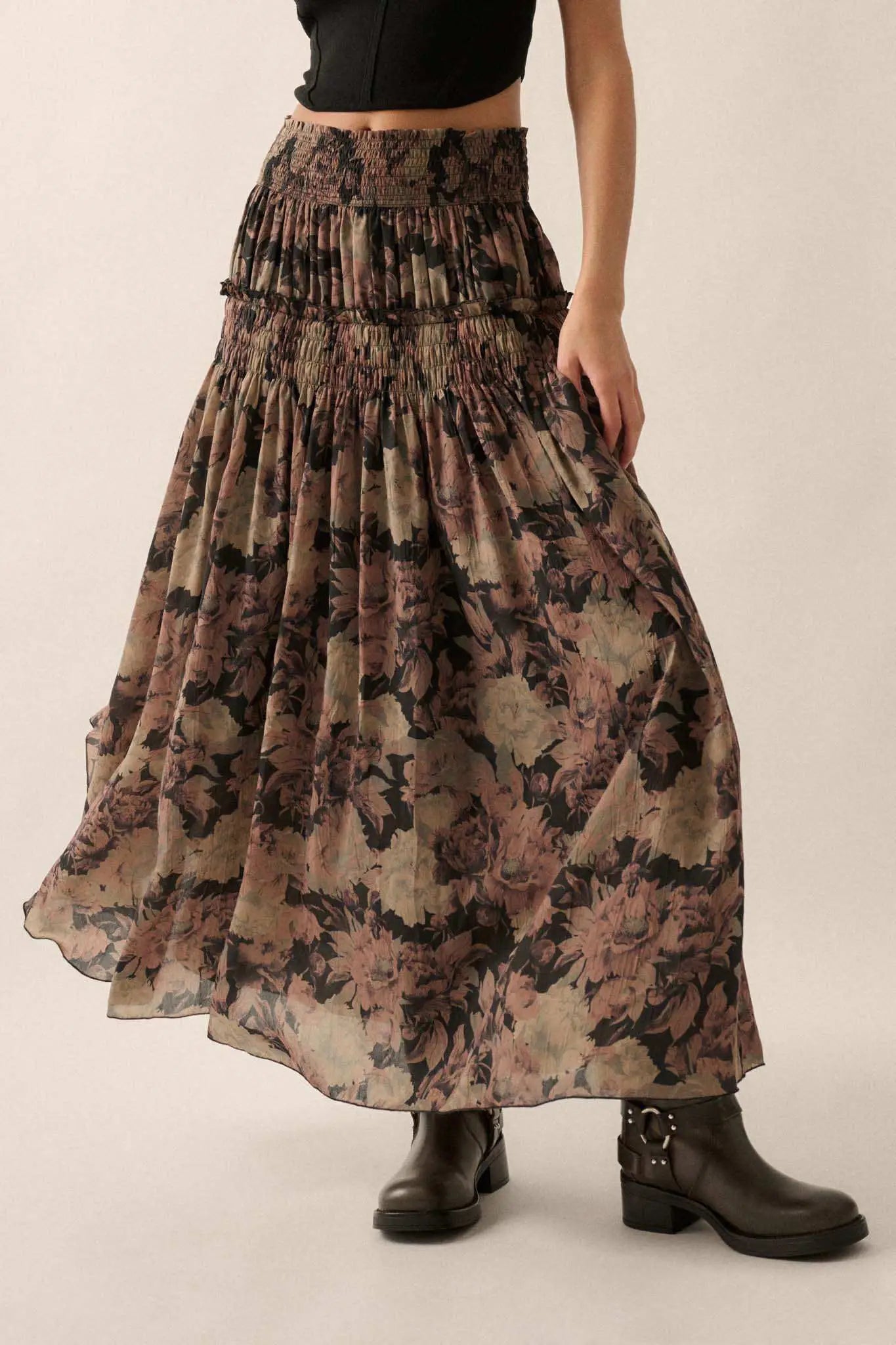 Blossoms Twirl Smocked Floral Maxi Skirt