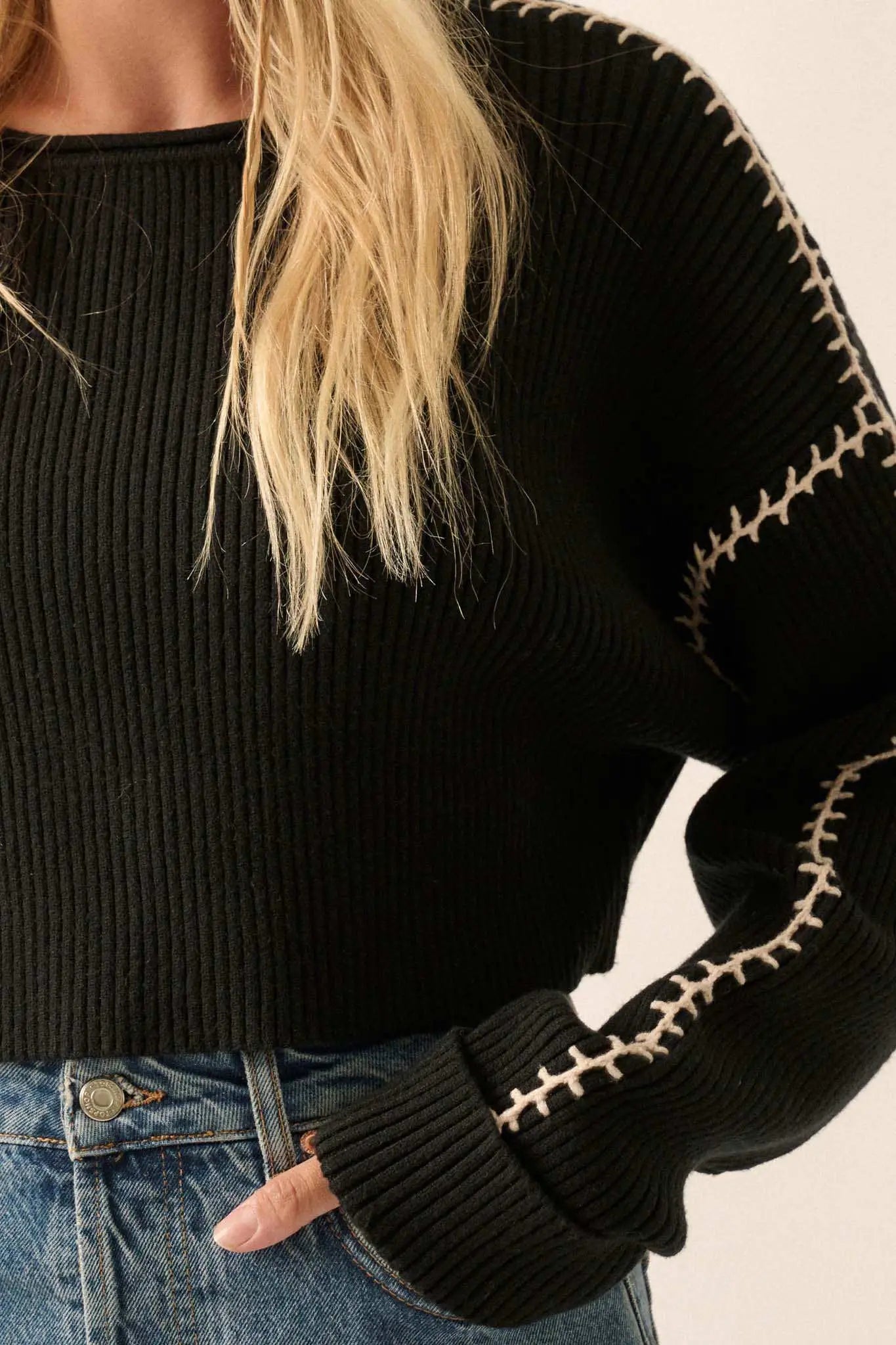 Stitched Up Cropped Blanket Stitch Sweater