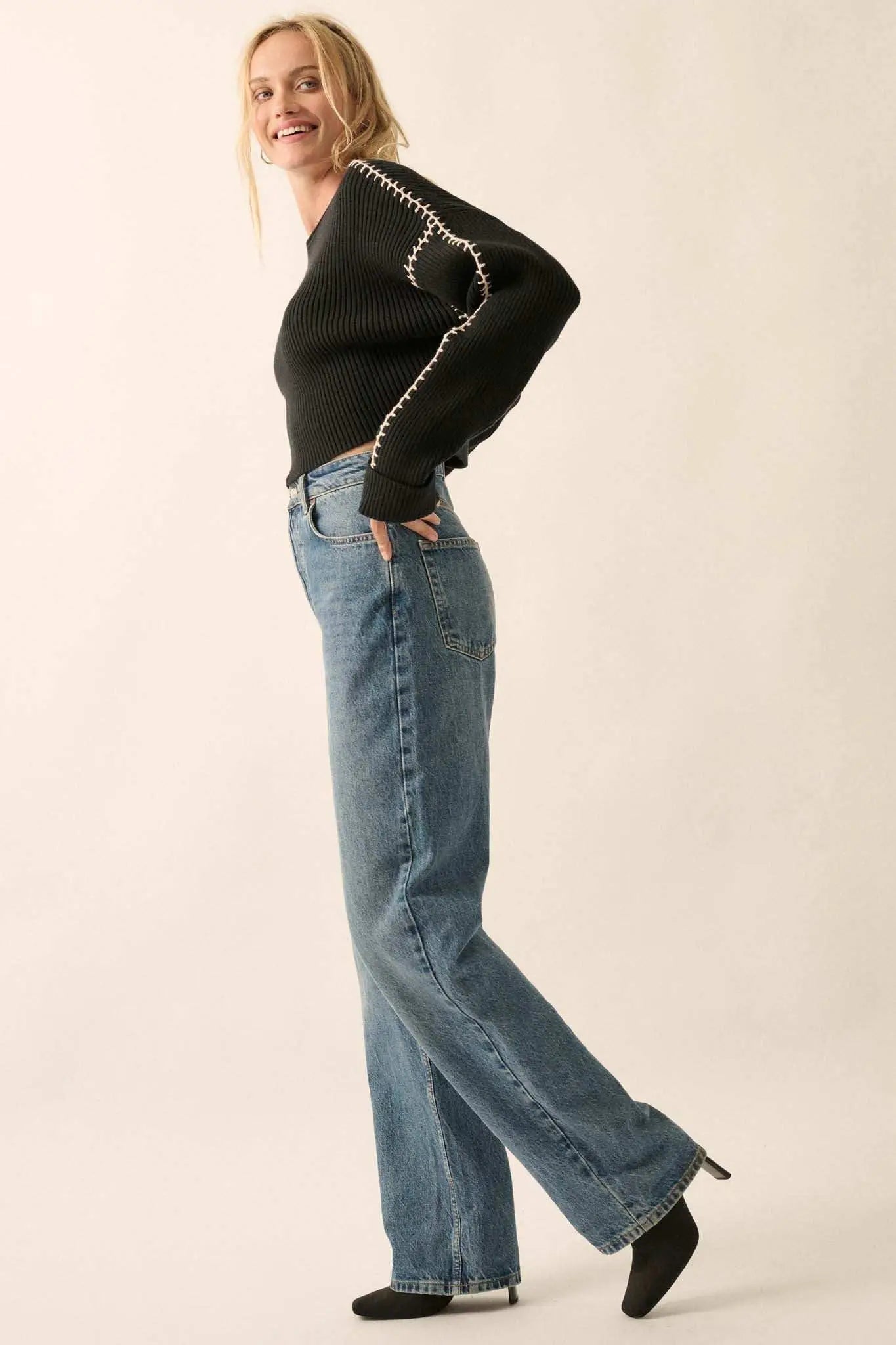 Stitched Up Cropped Blanket Stitch Sweater