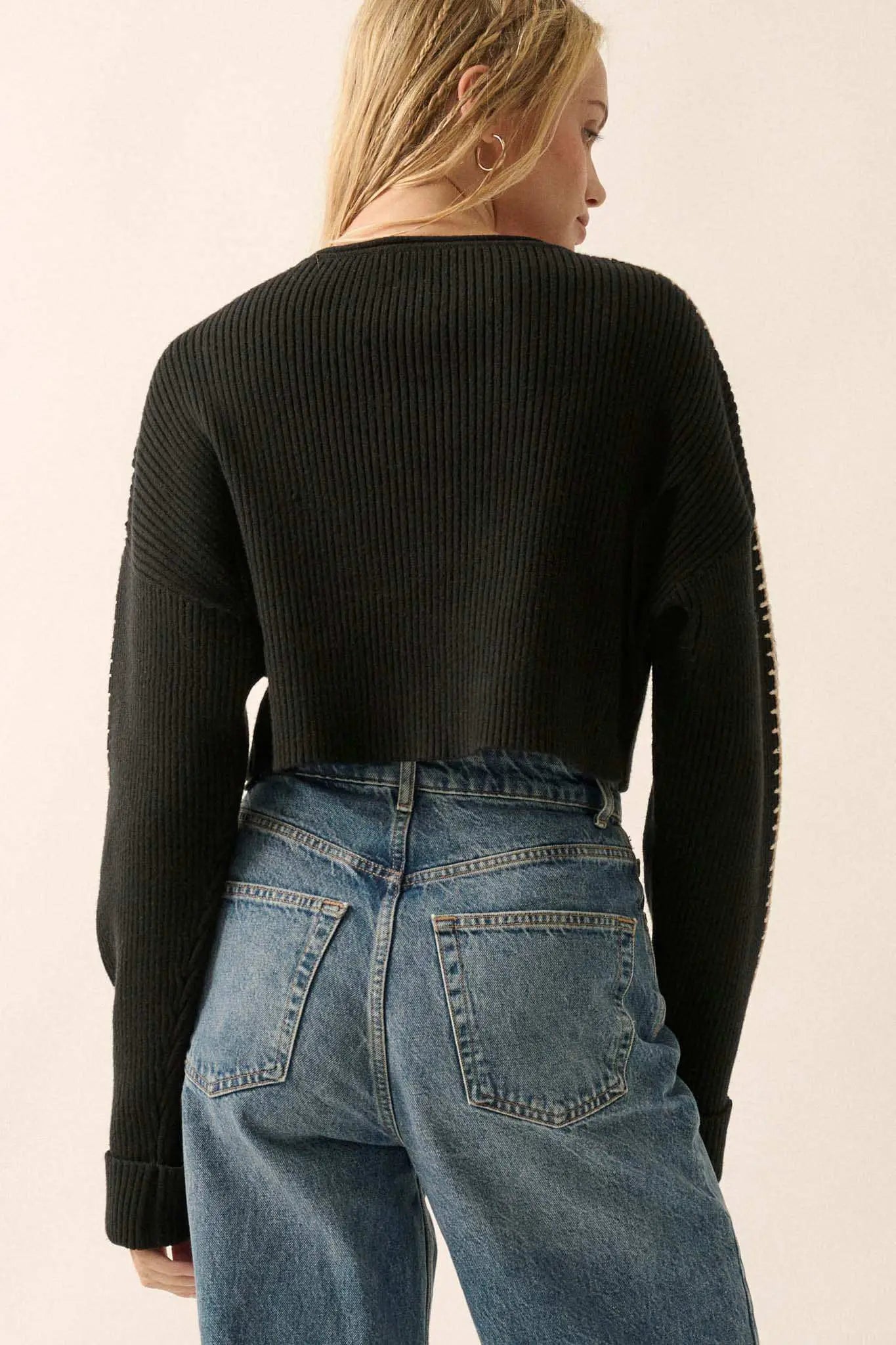 Stitched Up Cropped Blanket Stitch Sweater