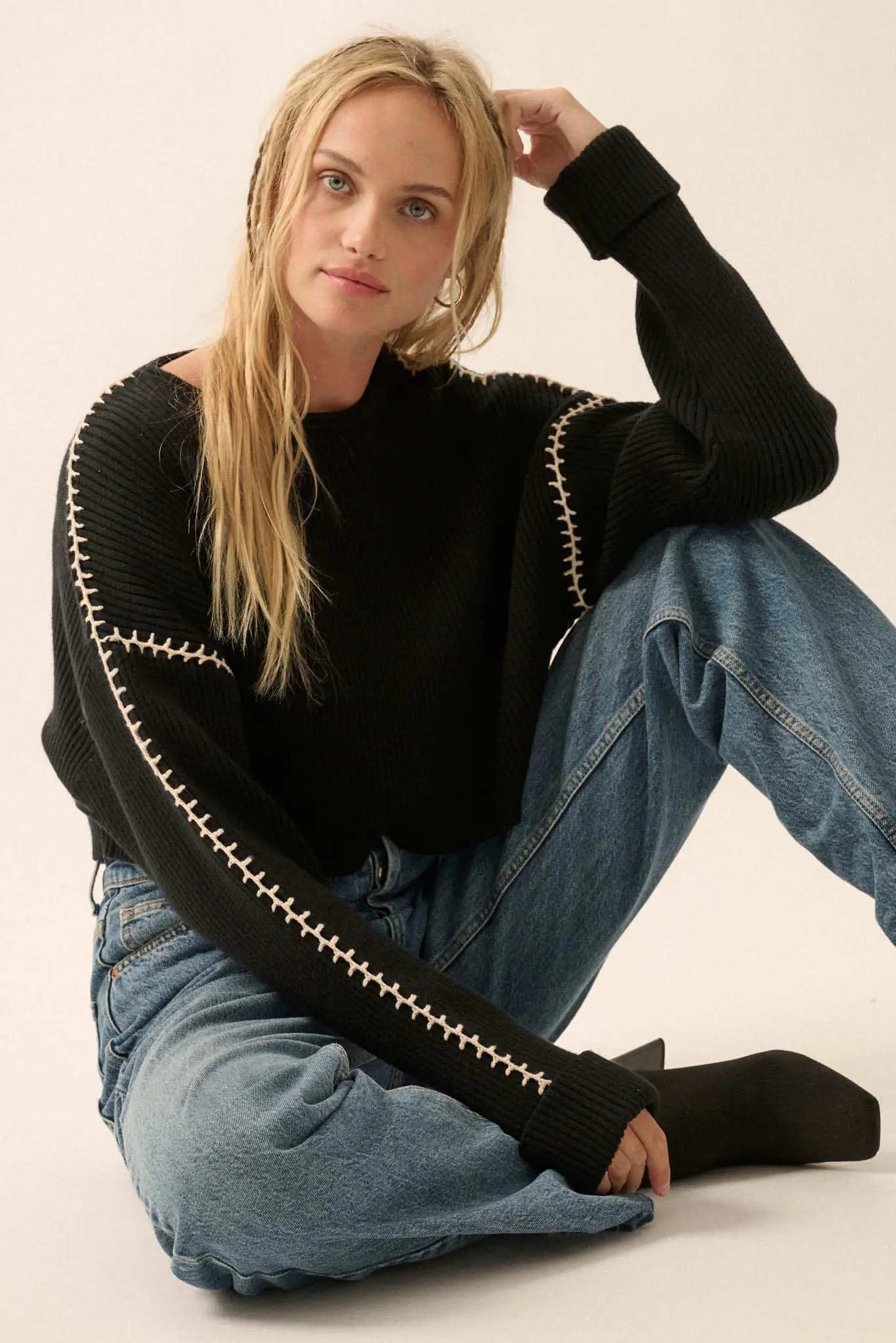 Stitched Up Cropped Blanket Stitch Sweater