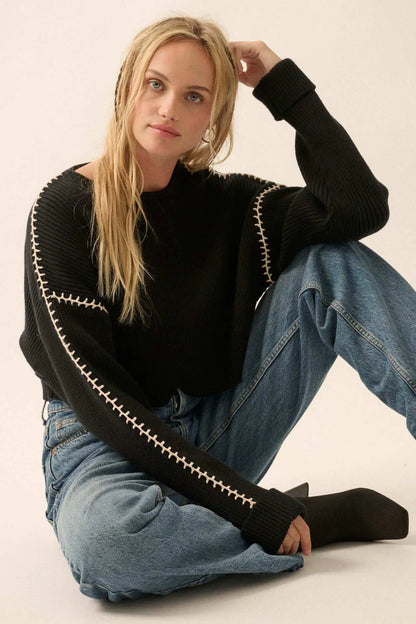 Stitched Up Cropped Blanket Stitch Sweater