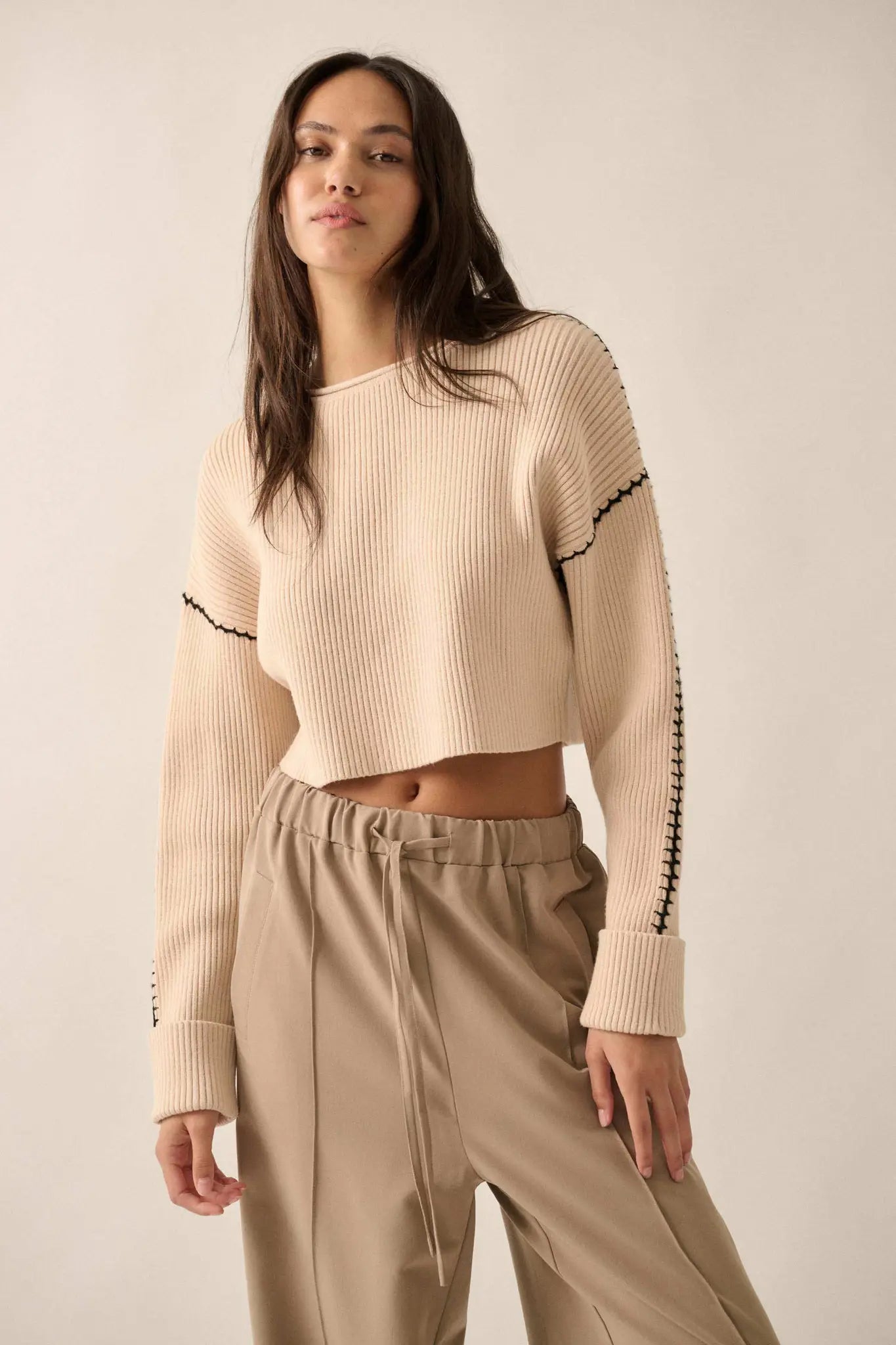 Stitched Up Cropped Blanket Stitch Sweater