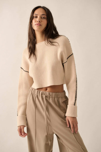 Stitched Up Cropped Blanket Stitch Sweater