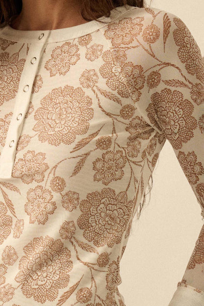 Windswept Petals Floral Mesh Split-Cuff Henley Top