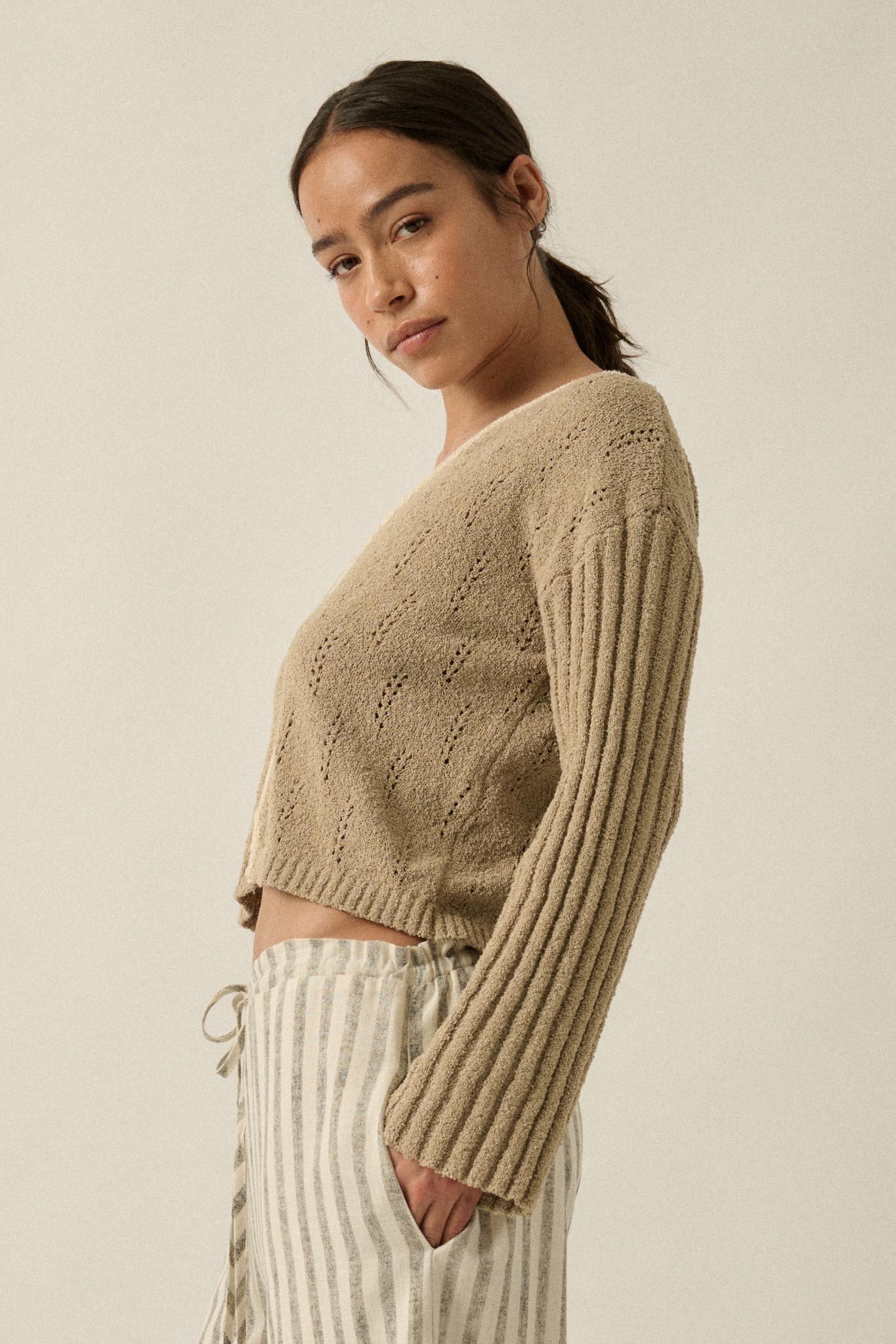Say It Again Pointelle Contrast Keyhole Sweater