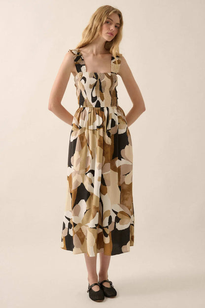 Tawny Blossoms Floral Smocked Midi Dress