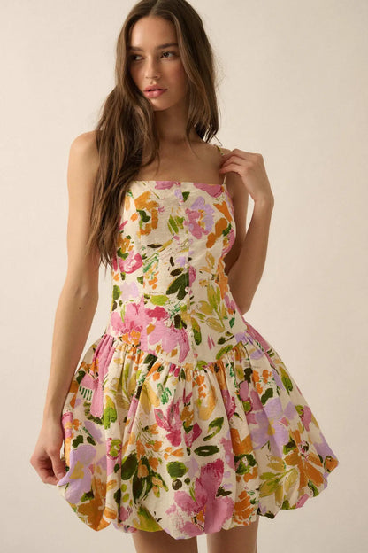 Delicate Dawn Floral Drop-Waist Bubble Mini Dress