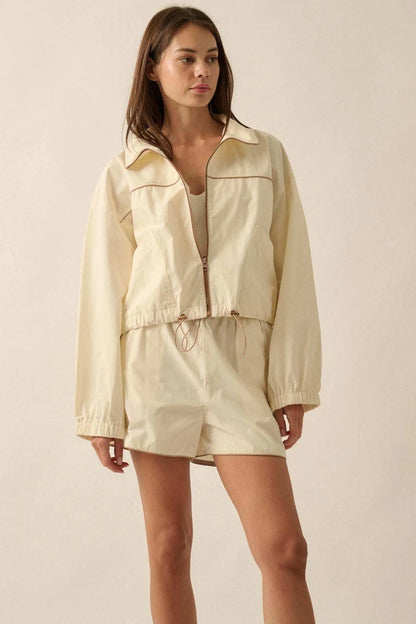 Zip Zap Side-Zip Piping-Trim Drawstring Shorts