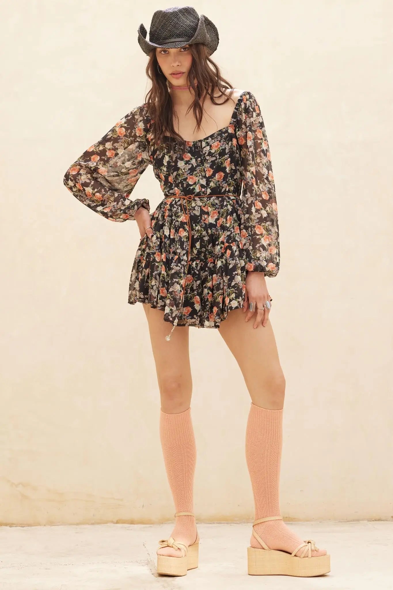 Graceful Garden Floral Chiffon Tiered Romper Dress