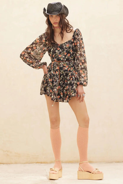 Graceful Garden Floral Chiffon Tiered Romper Dress