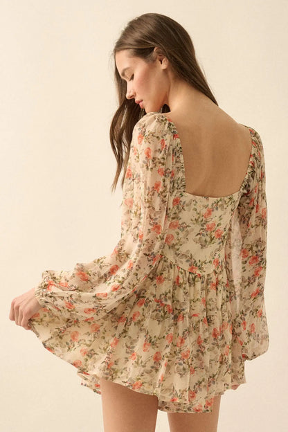 Graceful Garden Floral Chiffon Tiered Romper Dress