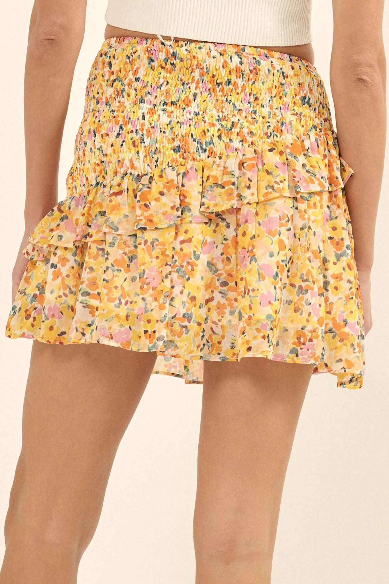 Sun Lover Smocked Floral Chiffon Ruffled Mini Skirt