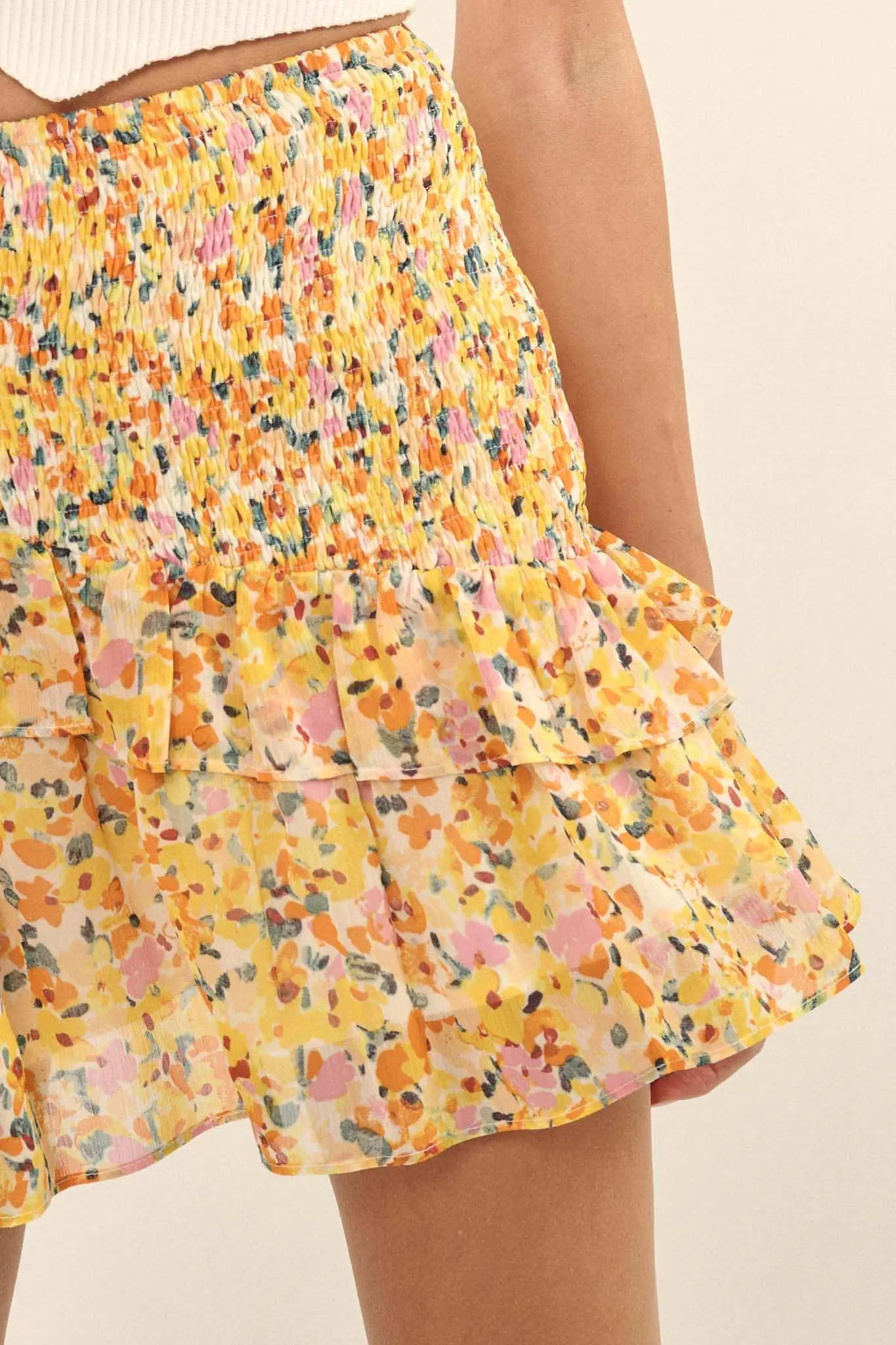 Sun Lover Smocked Floral Chiffon Ruffled Mini Skirt