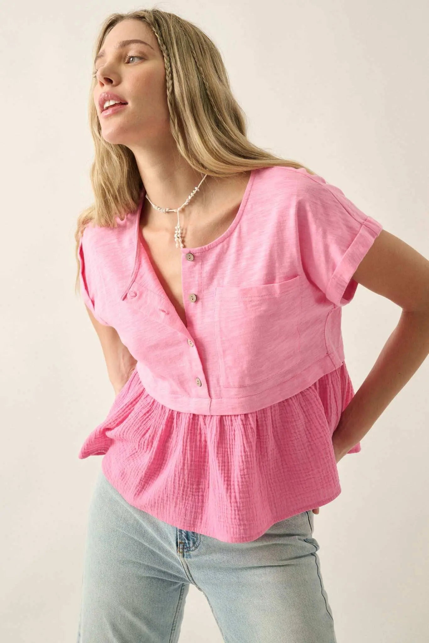 Open Air Cotton Pocket Henley Babydoll Top