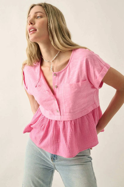 Open Air Cotton Pocket Henley Babydoll Top