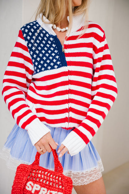 Stars & Stripes Mock Neck Cardigan Sweater