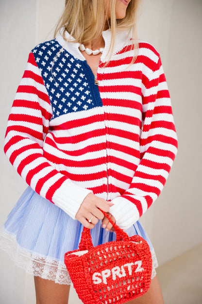 Stars & Stripes Mock Neck Cardigan Sweater