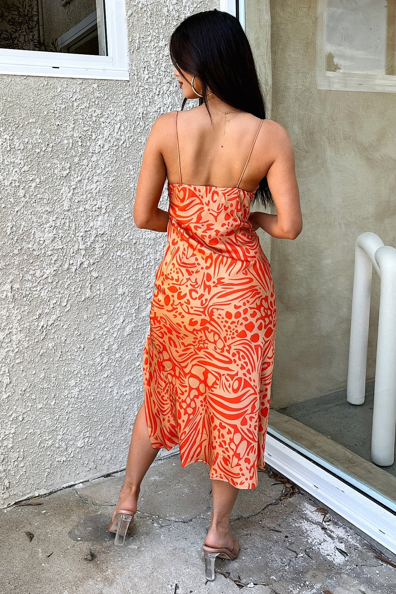 Jennifer Satin Midi Dress - Orange / Brown