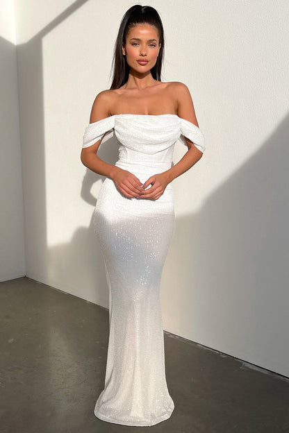 Nara Off Shoulder Sequin Maxi Dress - White