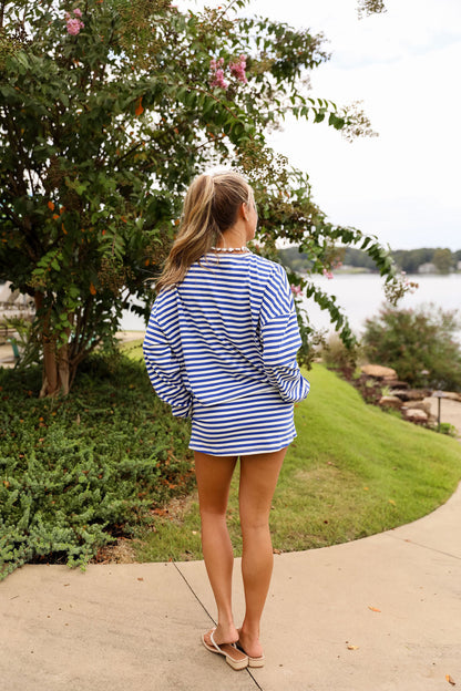 Stripe Oversized Long Sleeve Tee  - Blueberry