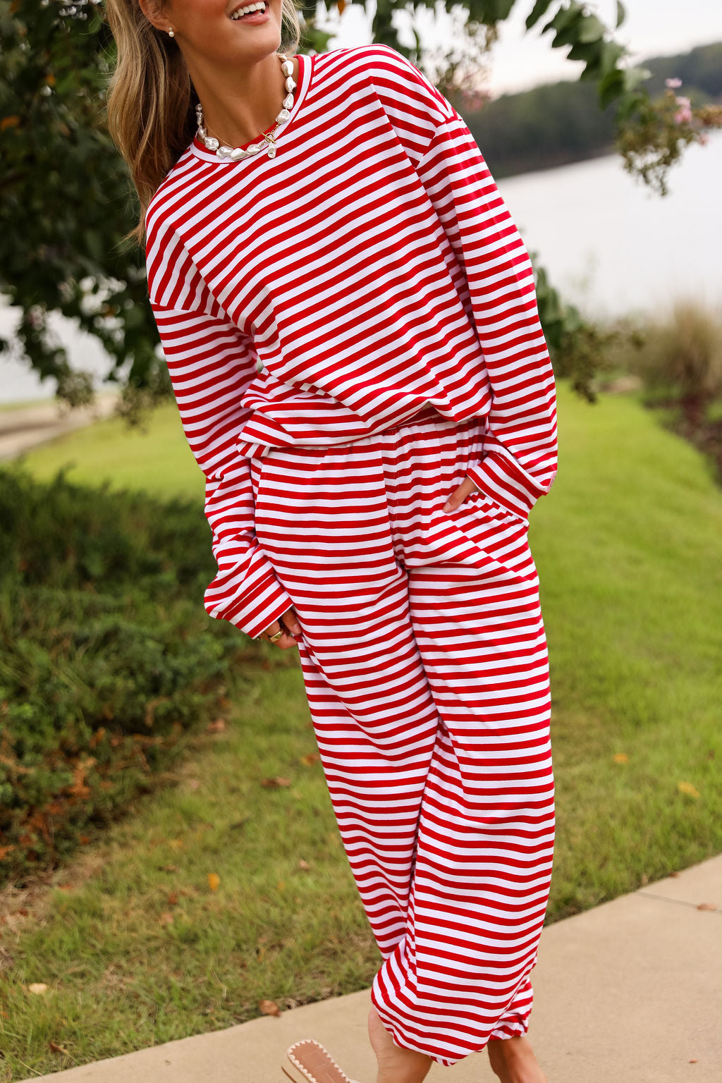 Stripe Oversized Long Sleeve Tee - Cherry Red