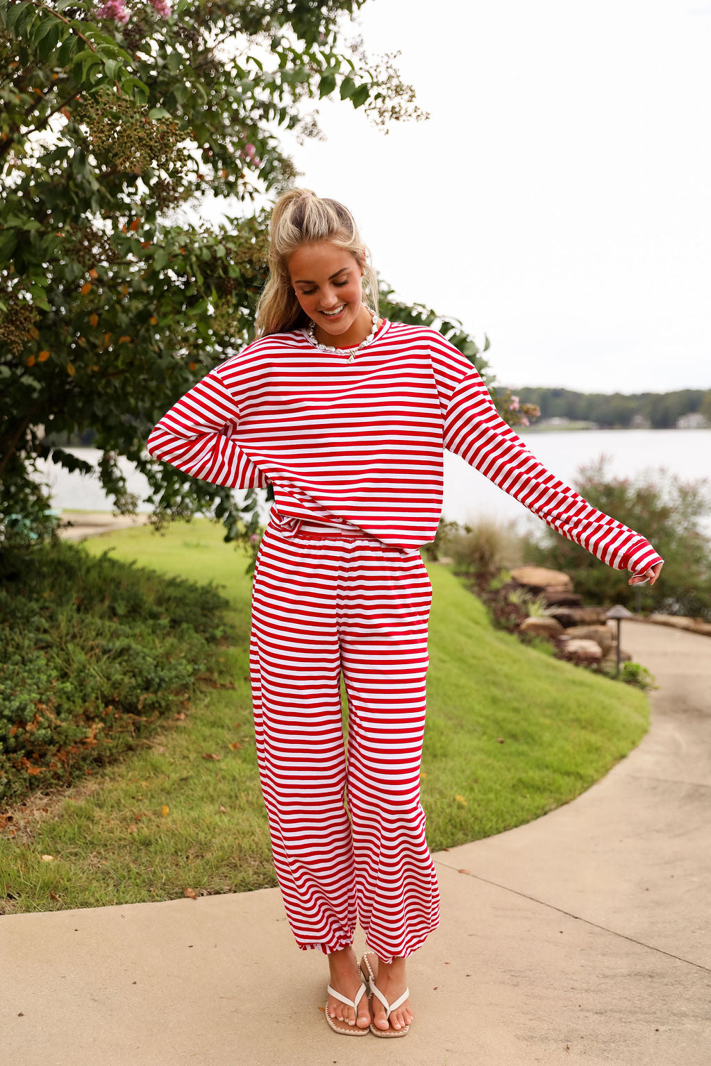 Stripe Oversized Long Sleeve Tee - Cherry Red