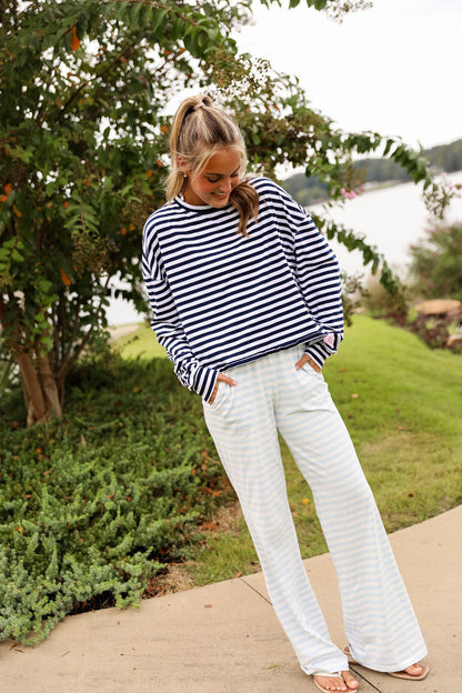 Stripe Oversized Long Sleeve Tee  - Navy