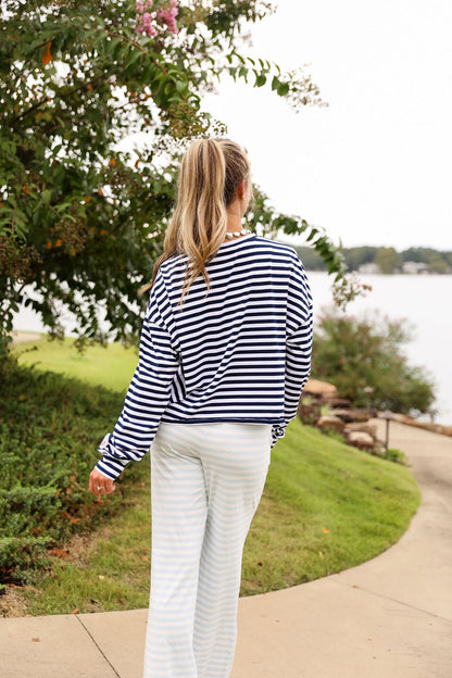 Stripe Oversized Long Sleeve Tee  - Navy