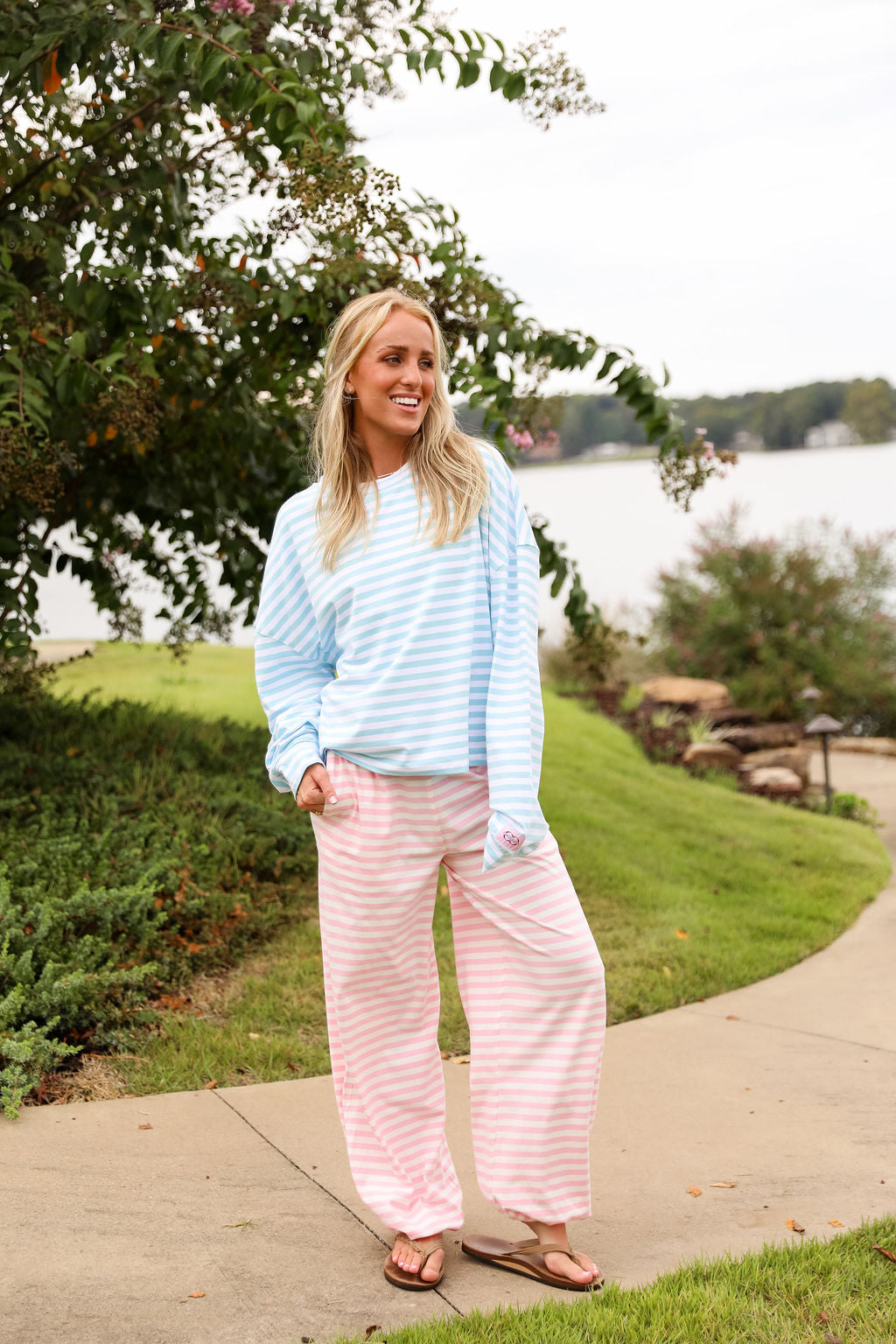 Stripe Oversized Long Sleeve Tee  - Tiffany Blue