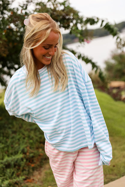 Stripe Oversized Long Sleeve Tee  - Tiffany Blue