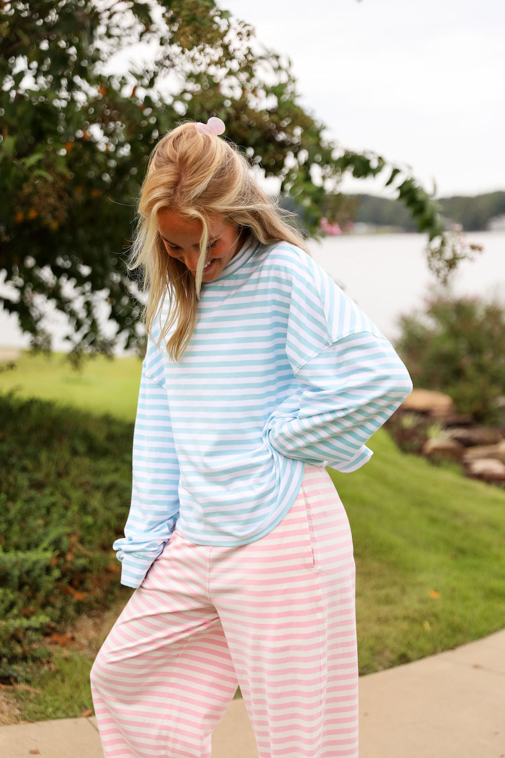 Stripe Oversized Long Sleeve Tee  - Tiffany Blue